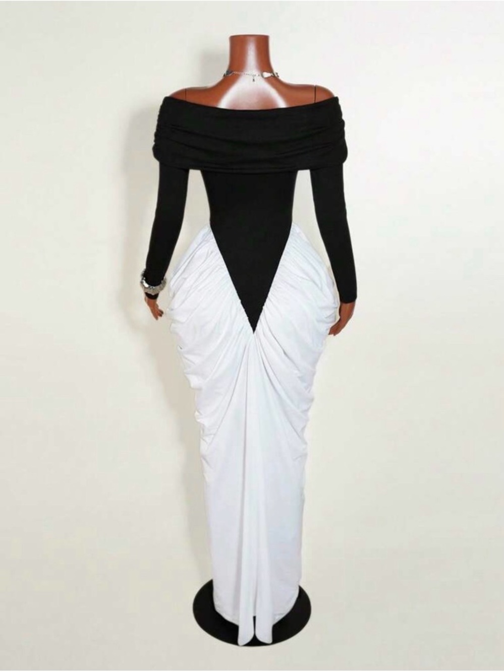 Off-Shoulder Black and White Ruched Evening Dress